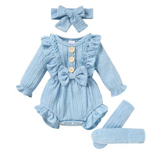GRNSHTS Newborn Baby Girl Clothes Ruffle Solid Sweater Long Sleeve Romper+Hairband+Socks 3Pcs Fall Winter Outfits