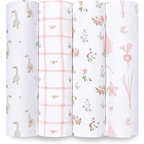 aden + anais Essentials Disney Baby Muslin Swaddle Blankets, Newborn Receiving Blanket for Swaddling, 100% Cotton Baby Swaddle Wrap, 4 Pack, Country Floral