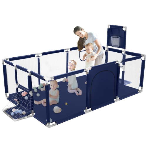 Baby Playpen,71 Inch Extra Large Baby Playard With Basketball Hoop and Breathable Mesh,Children Kids Play Fence for Indoors Outdoors,Blue