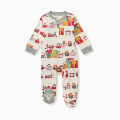 Burt's Bees Baby Holiday Organic Sleep & Play Zip-Up Footie Pajamas - Holiday Toy Train, 0-3 M