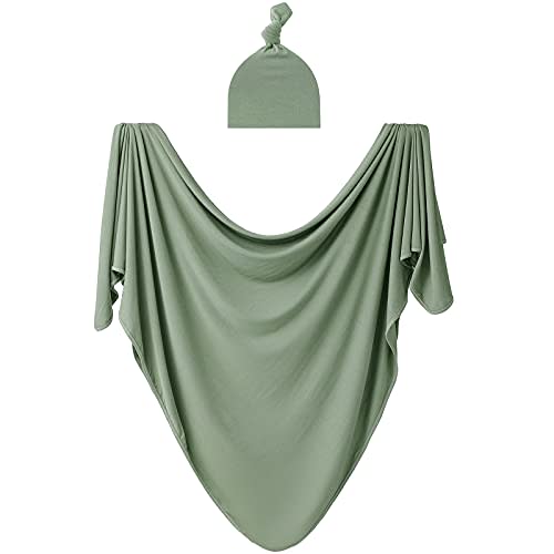 Large Rayon Jersey Knitted Swaddle Blanket for Baby, Soft Stretchy Receiving Blanket for Newborns with Hat, Large 47 x 47 inches (Sage)
