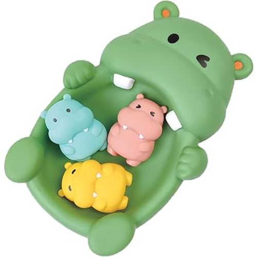 Seal & Hippo Family Bath Adventure Set, 1 Mother Seal & Hippo and 3 Baby Seal & Hippo, Soft Vinyl Material, One-Piece No Hole Design (Hippo)