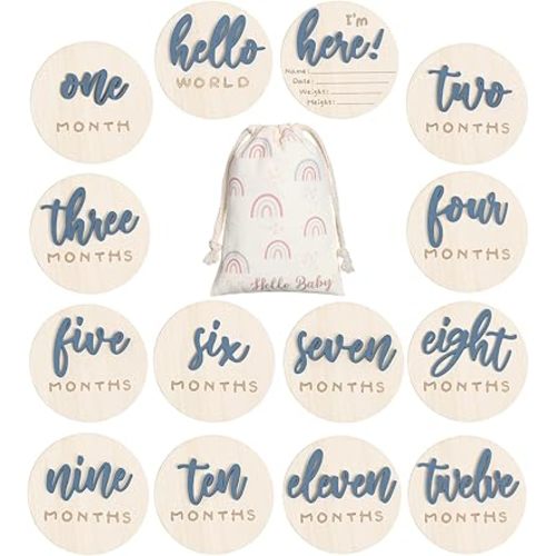 3D Baby Milestone Wooden Circles Hello World Newborn Sign 7 Pack Double Sided Monthly Milestone Cards Sign Baby Announcement Sign for Newborn Shower Photo Props (Slate Blue)