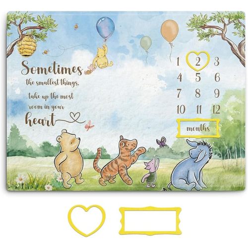 Winnie Milestone Blanket for Baby, The Pooh Babies Monthly Blanket, Classic Winnie Baby Growth Blankets with Photo Tools, Winnie Quotes Sometimes The Smallest Things Milestone Blankets