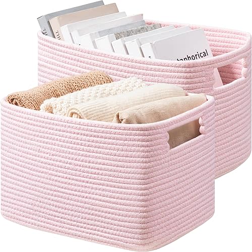 UBBCARE 2 Pack Shelf Baskets, Larger Woven Storage Baskets for Organizing(14.5''L x 9.84''W x 9''H), Basket Organizer for Dog Toys, Books, Clothes, Large Gift Basket, Pink