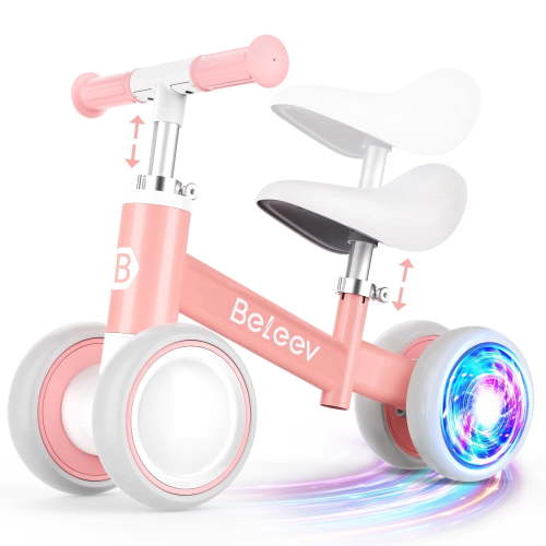 BELEEV Colorful Lighting Baby Balance Bike, No Pedal 4 Silence Wheels & Soft Seat, Adjustable Handlebar Seat, Toys for 1 Year Old Boy Girls Gifts, Pinkling