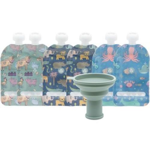 WeeSprout Double Zipper Reusable Food Pouches, 6-Pack - Animals, 5 Fl Oz