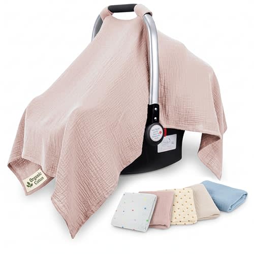 100% Organic Muslin Cotton Car Seat Cover 35 x 50 Inches Soft Touch Breathable Canopy, Protective Car Seat Cover Baby All Seasons Lightweight Car Seat Cover Travel Comfort (Pink)