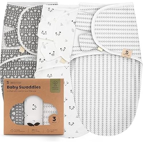 Sweety Fox 3-Pack Organic Baby Swaddle Sleep Sacks - Swaddles for Newborns, Infant 0-3 Months, Baby Girls, Boys, Soft & Snug Newborn Sleep Sack, Nursery Swaddling Blankets, Velcro Closure (Forest)