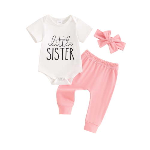 Newborn Baby Girl Little Sis Outfits Letter Short Sleeve T-shirt Romper Pants Set Headband Coming Home Hospital Clothes