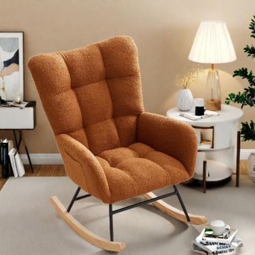 Rocking Chair Nursery, Teddy Upholstered Glider Chair with High Backrest, Armrest and Side Pockets, for Bedroom, Living Room, brown