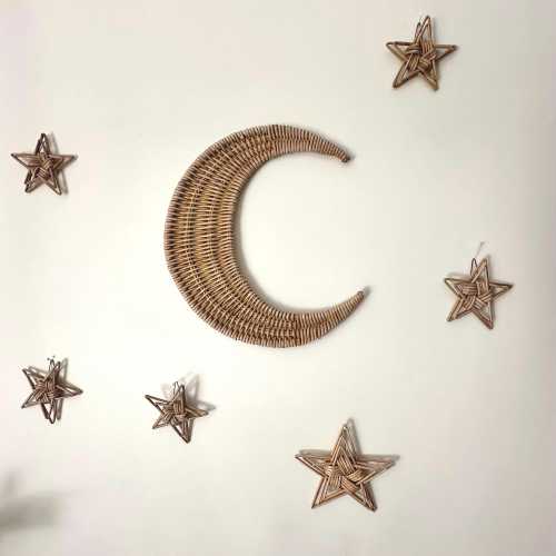 Set of moon and 5 stars, wicker wall hangings, kids room wall decor, crescent moon decor, wicker moon nursery decor