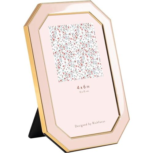4x6 Enamel Picture Frame with HD-Tempered Glass, Octagon Photo Frame with Gold Metal Edge and Velvet Back for Tabletop and Wall Mount Display, Pink