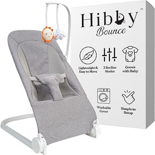 Bounce Baby Bouncer | Canadian Brand | 3-Position Adjustable Recline, Portable with Waterproof Carrying Bag, Newborn Insert & Safety Strap, Includes Toy Bar | Gray