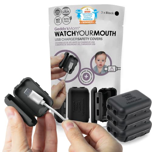 Geddy´s Mom Watch Your Mouth USB Charger Protector Award-Winning Baby Proof Cord Protector| BPA & Phthalate-Free Charger Protector | Electrical Safety Baby Products (3-Pack, Black)