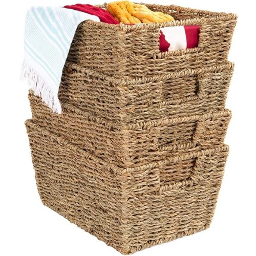 Best Choice Products Rustic Set Of 4 Multipurpose Stackable Seagrass Storage Basket, Handwoven Laundry Organizer Totes for Bedroom and Living Room, Shelves, Pantry w/Insert Handles - Natural