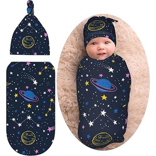 Space Galaxy Newborn Swaddle Blankets Baby Stuff Soft Swaddle Sack Swaddling Blanket with Beanie Sets Gifts for Infant Boys Girls