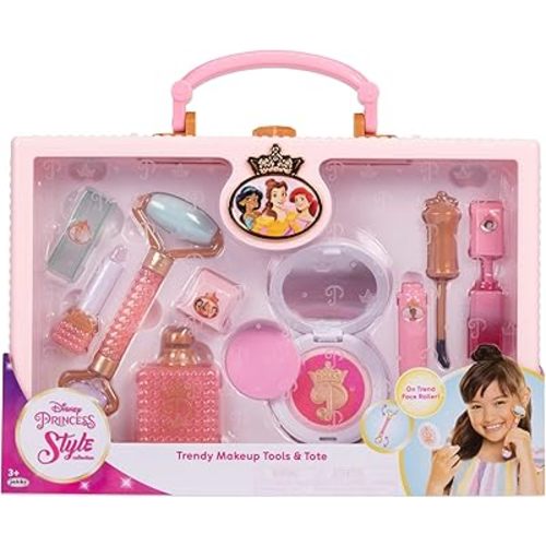 Disney Princess Style Collection Girls Trendy Makeup Tote Bag, Trendy Pretend Play Makeup Tools, Including a Face Roller, Comes with 8 Different Play Tools