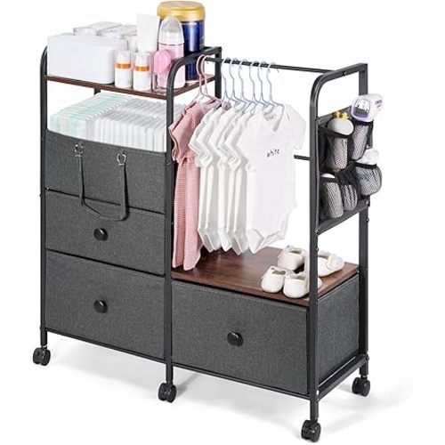 Orzbow Baby Diaper Caddy Cart Organizer and Storage | 4 Tier Baby Rolling Cart with Dividers and Drawers, Metal Rolling Utility Cart for Nursery, Bedroom, Changing Table & Crib, Easy to Assemble, Grey