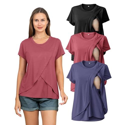 Rnxrbb 3 Pack Women's Nursing Tops for Breastfeeding Summer Short Sleeve T Shirts Postpartum Double Layer Clothes