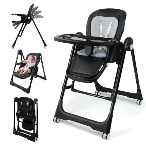 High Chairs for Babies and Toddlers Foldable High Chair Adjustable with Reclining Seat & Leg Rest, 3-in-1 Convertible Baby Swings with Tool-Free Assembly (Black)