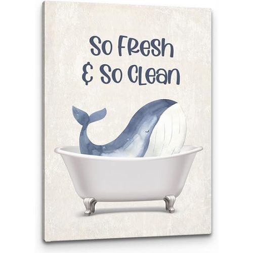 PHAMTE So Fresh So Clean Wall Art, Kids Bathroom Wall Decor, Whale Bathroom Decor, Ocean Beach Whale Themed Bath Poster Print Framed Canvas Artwork For Home Kids Bathroom Nursery Decor(11x14 Inch)