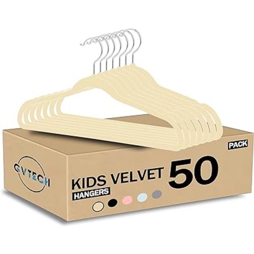 Kids Hangers Velvet, [50 Pack] Children Cloth Durable Baby Hangers for Closet - Perfect Infant Toddler Kid Hanger for Everyday Use, Non Slip 360° Hooks for Shirt, Pant, Dress (50 Pack, Ivory)