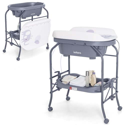 INFANS 2 in 1 Baby Bath Tub Changing Station, Portable Stand with Waterproof Pad, Storage Rack, Locking Wheels
