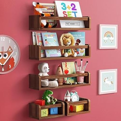 3+2 Floating Nursery Book Shelves for Wall: 3 Long & 2 Mini Shelves, Bookshelf for Kids & Baby Bookshelf, Nursery Book Shelf for Kids Rooms. Nursery Bookshelf (5-IN1 Walnut)