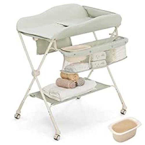 Portable Baby Changing Table, Foldable Diaper Changing Station w/Wheels, Adjustable Height, Large Storage Rack, Water Basin, Safety Belt, Mobile Nursery Organizer for Newborn Infant (Green) : Baby