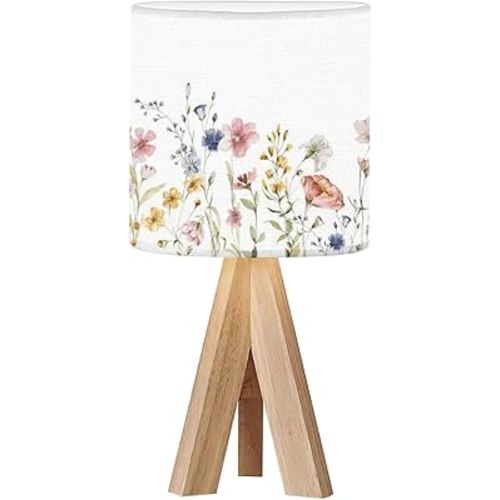 Tripod Bedside Desk Table Lamp Watercolor Floral Seamless Border Hand Frame Green Leaves Wildflowers Wood Nightstand Lamp with Linen Fabric Shade for Nursery Bedroom Living Room Kids Room