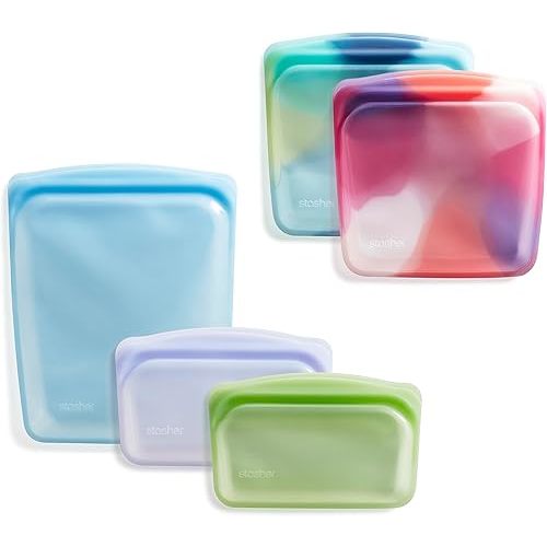 Stasher Premium Silicone Reusable Food Storage Bags, 5-Pack, Tie Dye Multi, Multi-Use Food Storage Bags, Lunch Bag, Travel Containers, BPA Free, Leak-free, Dishwasher-Safe, Eco-friendly