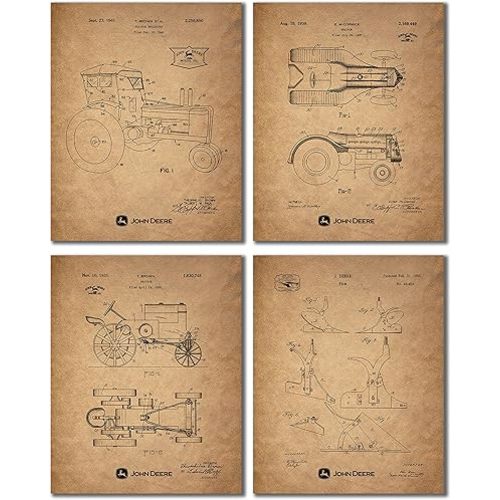 Bigwig Prints John Deere Patent Wall Art - Vintage Tractor and Plow Prints, Farmhouse Decor, Antique Tractor Posters, Rustic Wall Art for Home or Office - Unframed Set of 4 (8x10")
