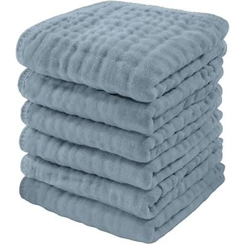Comfy Cubs Muslin Baby Washcloths 6 Pack - Soft 6-Layer Cotton Wash Cloths for Sensitive Skin - 10"x10" Large, Gentle, Absorbent Infant Essentials for Newborn and Toddlers - (Pacific Blue)