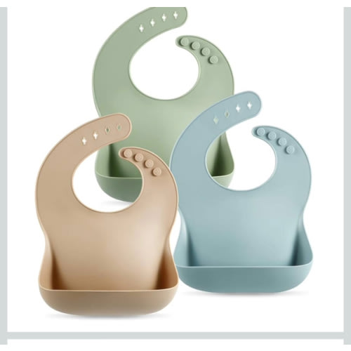 PandaEar Set of 3 Silicone Baby Bibs Waterproof, Soft, Unisex, 10-72 Months (Brown/Blue/Green)