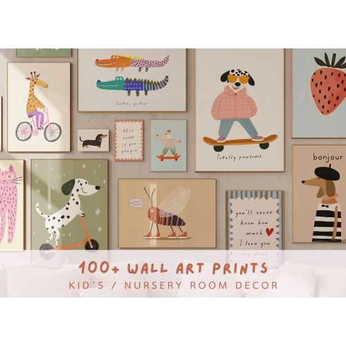 Whimsical Kids Wall Art Bundle, 100+ Playful Nursery Prints, Scandinavian Animal Posters, Eclectic Kids Room Decor, Modern Playroom Art