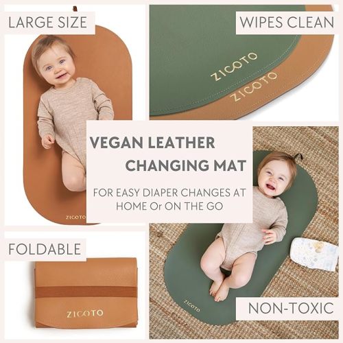 Beautiful Baby Diaper Changing Mat Made of Vegan Leather - Soft and Easy to Wipe Changing Pad for Travel or at Home Use - Lightweight and Foldable Mat That Perfectly Fits Into Any Diaper Bag - Sage Green