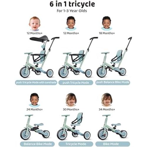 Amazon.com: newyoo Toddler Bike, Tricycle for Toddlers 1-3, Toddler Tricycle with Push Handle and Canopy, Birthday Gift and Toys for Girl and Boy, 6 in 1 Baby Trike, Balance Bike, TR009, Green : Toys & Games