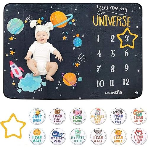 Baby Milestone Blanket - Cute Space Design Monthly Milestone Blanket for Baby Boy and Girl, Soft and Thick Flannel Material Wrapped with Milestone Stickers