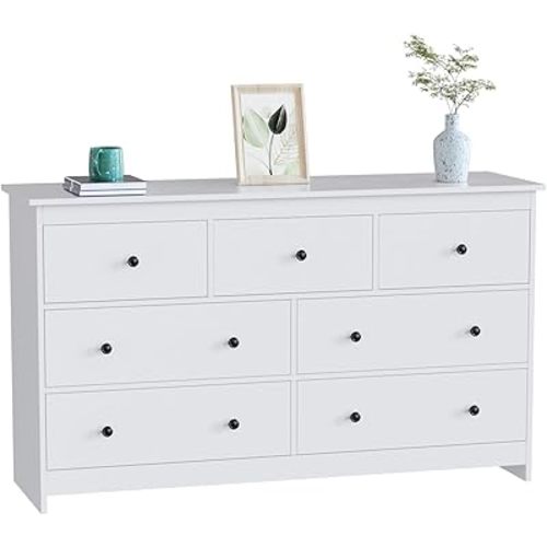 CARPETNAL White Dresser for Bedroom, 7 Drawer Dresser with Wide Drawer and Metal Handles, Woode Dressers & Chests of Drawers for Hallway, Entryway.
