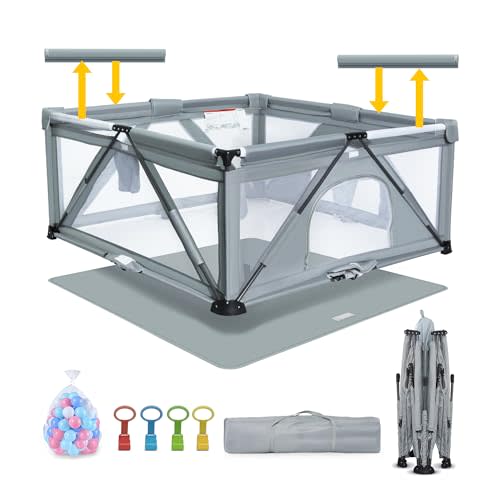 Heyo.Ja Large Foldable Play Yard, Playpen for Babies & Toddlers with Gate, Indoor & Outdoor Portable Play Pen (Washable 59x59in, Cold Grey)
