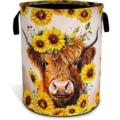 Highland Cow Laundry Basket Sunflower Flowers Foldable Oxford Cloth Funny Tote Bag Laundry Hamper Clothes Storage Bucket Toy Organizer For Bathroom/Laundry Storage/Bedroom 18.9x16.5 Inch