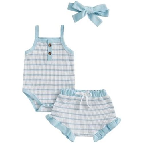 ZAXARRA Infant Baby Girl Summer Outfit Sleeveless Cherry Print Waffle Romper Ruffle Shorts Bow Headband Cute Shorts Set