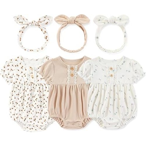 Newborn Baby Girl Clothes Cotton Bubble Romper Floral Short Sleeve Bodysuit 3 Pack