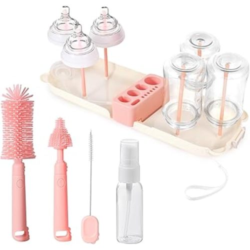 Portable Baby Bottle Brush Set - 7 in 1 Baby Bottle Cleaner Kit, Baby Travel Essential Bottle Washing Kit with Silicone Bottle Brush, Nipple Brush, Straw Brush, Drying Rack for Home and Travel (Pink)