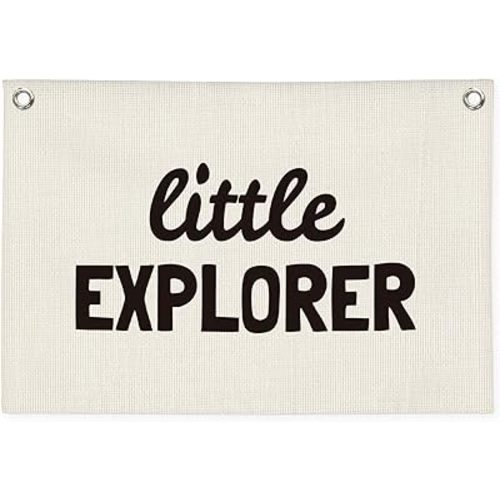 Little Explorer Canvas Banner,Boys Room Decor,Travel Themed Wall Hanging Banner Flag Decor for Nursery, Baby Shower Birthday Gift 30x20 Inch