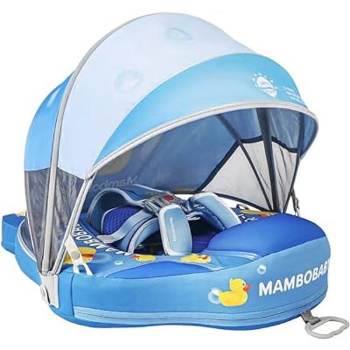 2024 Newest Mambobaby Float Add Tail Baby Pool Float with Canopy, Upgrade Non-Inflatable Solid Baby Float Waterproof Skin-Friendly Adjustable Safety Strap for 3-24 Months Infant Swim Ring Trainer