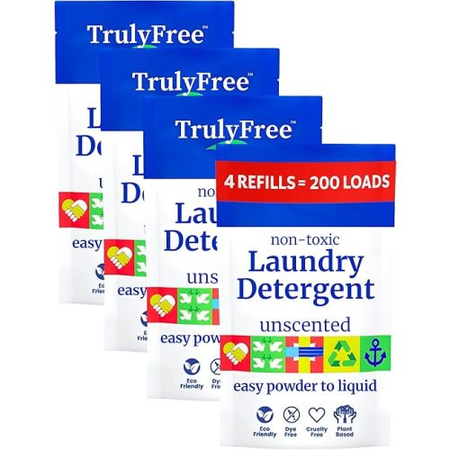 Truly Free Natural Laundry Detergent for Sensitive Skin | Eco Friendly, Plant Based, Baby Clothes Safe | Clean & Easy Powder to Liquid, Unscented | Refill Only (200 Loads)