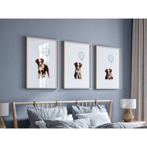 Red Tri AUSTRALIAN SHEPHERD Nursery Print Set of 3 | Blue Balloons | Baby Room Decor BOY | Aussie Shepherd Nursery Decor | Digital Download