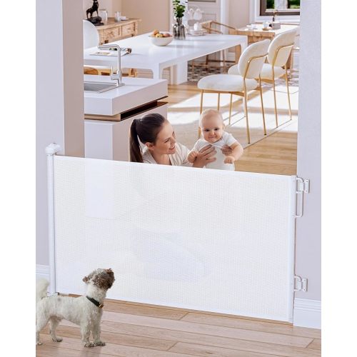 Cumbor Dog Gate Retractable Baby Gates for Doorways, Family & Mom's Choice Awards Winner- 55" Wide Mesh Pet Gate for Dogs, 34" Tall Safety Gates for The House,Puppy Gate Indoor & Outdoor, White - 34" Tall x 55" Wide